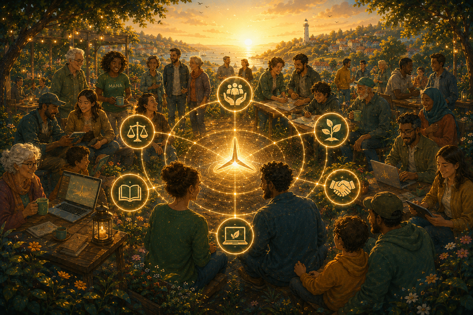 Un cercle de citoyens de tous âges au soleil couchant, reliés par des fils de lumière aux valeurs d'Alliance MANA — justice, entraide, transmission, coopération — autour de l'étoile MANA.