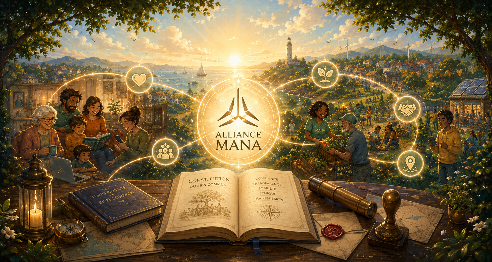 L'écosystème Alliance MANA : des familles et des habitants reliés par des fils de lumière dorés autour de l'emblème Alliance MANA et de la Constitution du bien commun, au soleil couchant.